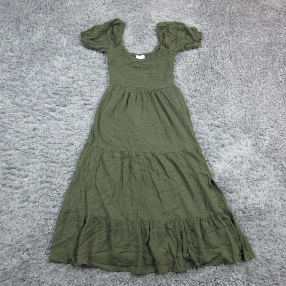 Market & Spruce Dress Womens S Green Smocked Puff Sleeve Maxi Ruffle NWT